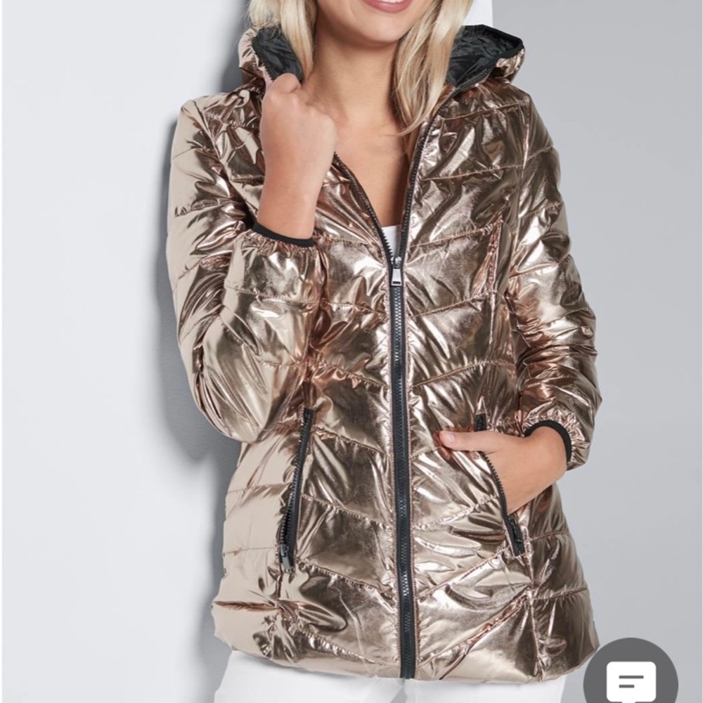 Venus metallic gold shiny puffer hooded coat jacket 2 XS